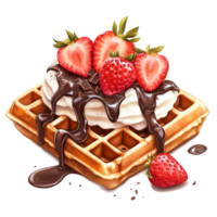 Indulgent waffles drizzled with syrup and topped with fresh strawberries and whipped cream, Delicious Waffles Topped with Syrup, Strawberries and chocolate On transparent background png