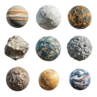 A collection of rocky planets and textured celestial bodies showcasing unique surfaces in a cosmie, Rocky Planets, Textured Celestial Bodies, Space Objects, Isolated on transparent background png