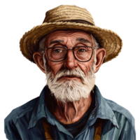 Portrait of a wise old farmer with a straw hat and glasses on a clean transparent background, Wise Old Farmer Portrait on transparent background png