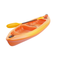 Bright orange kayak with yellow paddle ready for summer adventures on a calm lake, Orange plastic kayak with yellow paddle. 3D render, isolated on transparent background png