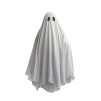A playful Halloween ghost draped in a transparent sheet stands in a bright, empty space ready for a spooky, standing halloween ghost in a transparent sheet, file of isolated object with shadow on png
