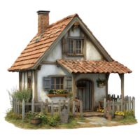 A charming small farmhouse in a serene landscape with a transparent background, featuring rustic architecture, small farm house, isolated transparent background png