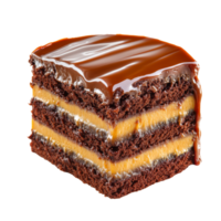 Decadent caramel mud cake slice isolated on a transparent background perfect for dessert lovers and celebrations, caramel mud cake isolated on transparent background png