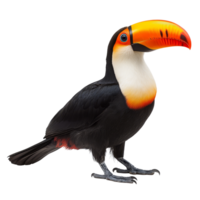 A colorful toucan standing gracefully on a transparent background, showcasing its vibrant beak and striking plumage, toucan isolated on transparent background png