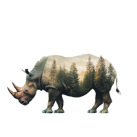 Rhino walking through a tranquil forest landscape in an imaginative double exposure concept of nature, Rhino and forest double exposure, concept of power of the nature with transparent background png