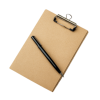 Small brown clipboard with a black pen resting on it for taking notes or organizing tasks, Small brown clipboard with pen. Single clipboardwriting board with papers png