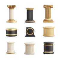 Collection of decorative podiums displayed on a transparent background showcasing various styles and designs, podium on transparent background png