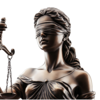 Lady of Justice in bronze sculpture, blindfolded, holding scales symbolizes fairness and equality in law, Lady of justice blindfolded on transparent background png