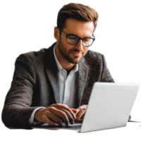 Businessman working diligently on a laptop, prioritizing tasks in a modern office environment during the daytime, file no background Businessman connecting with his laptop png