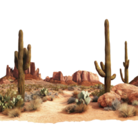 Desert scene with cacti and rocks under a clear sky on a sunny, serene day, Desert Landscape on transparent background png