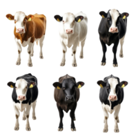 A diverse group of cows with various colors standing together in a studio setting on a transparent background, group of cows of different color isolated on transparent background, png