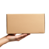 A hand holds a cardboard box showcasing a carton package in a neutral setting during daylight hours, Hand holding cardboard box, giving carton package isolated on transparent png