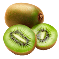 Fresh kiwi fruit and its vibrant green slices isolated on a transparent background for a refreshing culinary presentation, kiwi fruit and his sliced segments isolated on transparent background png