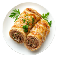 Delicious roulade filled with tender meat rolled in golden pastry served on a transparent plate with fresh herbs, roulade, dish of filled rolled meat or pastry top view isolated on transparent png