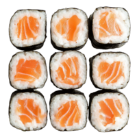 Fresh salmon maki sushi rolls arranged neatly on a transparent background showcasing their vibrant colors and textures, Isolated uncut salmon maki sushi rolls png