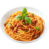 Delicious spaghetti with rich tomato and beef sauce garnished with fresh basil on a transparent plate, spaghetti pasta with tomato beef sauce on transparent background png