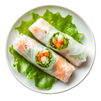 Delicious spring rolls filled with fresh vegetables served on a transparent plate with lettuce as a garnish, Spring rolls food in a plate isolated on transparent background png