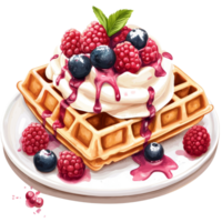 Delicious waffle topped with cream, berries, and raspberry sauce for a delightful dessert experience, Delicious waffle with cream, berry and raspberry on transparent background png