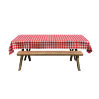 A picnic table adorned with a red checkered tablecloth, perfect for outdoor gatherings and family meals, Picnic Table with Red Checkered Tablecloth on transparent background png
