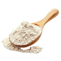A wooden spoon filled with flour resting on a transparent background ready for baking or cooking preparations, Pile of flour in wood spoon isolated on transparent background png