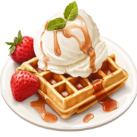 Delicious waffles topped with creamy ice cream and fresh strawberries on a plate ready to enjoy dessert, portion of waffles with ice cream png