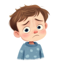 A sad young boy with a worried expression feeling unwell while wearing a cozy sweater in a quiet room, sad kid boy in a bad mood or sick and has problems, file of isolated object on transparent png
