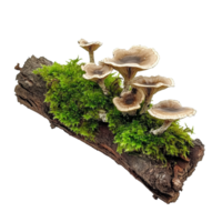 Mosscovered rotten branch with mushrooms thriving in a natural setting, Green moss on rotten branch with mushroom template, isolated transparent background png