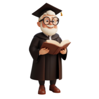 A scholarly character wearing a cap and gown, holding a book in front of a transparent background, 3D Scholar Character on transparent background png