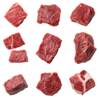 Collage of isolated raw beef cuts arranged neatly against a transparent background, showcasing various shapes and sizes, Collage of isolated raw beef meat pieces png