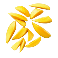 Fresh mango slices arranged artistically on a clean transparent background for a vibrant culinary display, mango slices on transparent background png