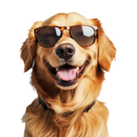 Happy golden retriever dog wearing stylish sunglasses in bright indoor setting during a cheerful day, Happy Golden Retriever Dog Wearing Sunglasses on transparent background png