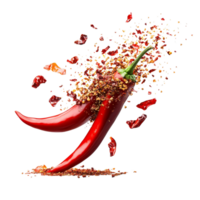 Chili flakes explode from vibrant red chili peppers set against a transparent background in an artistic culinary display, Chili flakes bursting out from red chili pepper over transparent background png