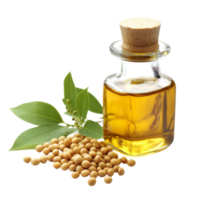 Soybean oil bottle with fresh soybeans and green leaves on a clean transparent background in a culinary context, Oil bottle and soybean on transparent background png