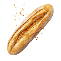 Freshly baked baguette with crumbs isolated against a transparent background, showcasing its crusty texture and soft interior, Fresh Baguette with Crumbs isolated on transparent background png
