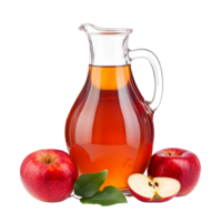 A glass jug filled with apple cider vinegar and fresh red apples on a transparent background, A jug of apple cider vinegar with fresh red apples isolated png