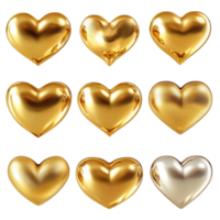 Golden hearts displayed in various shapes on a transparent background for decorative and festive use, golden 3d hearts isolated on transprent png
