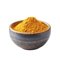 Turmeric powder displayed in a ceramic bowl on a clean transparent background, Turmeric powder in ceramic bowl isolated on transparent background png