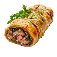Delicious roulade filled with meat and herbs served on a transparent plate garnished with parsley, roulade, dish of filled rolled meat or pastry isolated on transparent background png