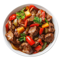 Deliciously stewed beef with vibrant vegetables served in a bowl on a transparent background, Stewed beef with vegetables isolated on transparent background png