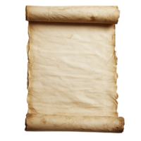 A vintage parchment scroll with an empty surface, perfect for calligraphy or artistic creations, Vintage old parchment paper scroll full sheet transparent background. Parchment paper scroll png