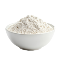 A transparent bowl filled with fine flour sits isolated on a transparent background ready for baking or cooking, Pile of flour in transparent bowl isolated on alpha layer png
