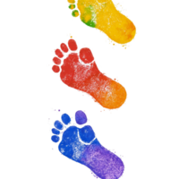 Colorful footprints create a vibrant trail on surface under bright daylight, showcasing a journey, colorful footprints straight walking in a trail on transparent background png