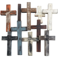 Rustic wooden crosses in a diverse array of colors and styles, symbolizing various aspects of Christian faith, Christian Faith Symbols Variety of Rustic Wooden Crosses Held On transparent background png