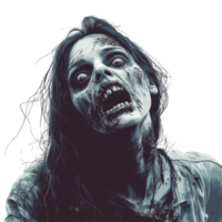 Terrifying female zombie with haunting expression on a stark transparent background, Terrifying Female Zombie transparent background png