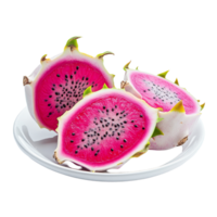 Freshly sliced dragon fruit pitaya displayed on a transparent plate against a clean background for a vibrant look, Dragon fruit, pitaya on transparent background png