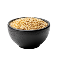 Pearl barley in a black bowl isolated on a transparent background showcasing its texture and color for culinary use, pearl barley in black bowl isolated on transparent background png