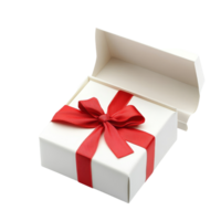 A beautifully wrapped transparent gift box with a bright red bow, perfect for special occasions or celebrations, transparent color open gift box with gold ribbon isolated png