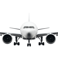 Front view of a modern airplane with engines showcased against a plain transparent background on a clear day, Front View of Airplane on transparent background png