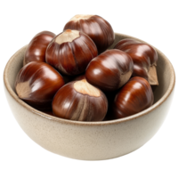 Organic chestnuts overflowing in a rustic bowl set against a clean transparent background, Organic chestnuts in a bowl on a transparent background png