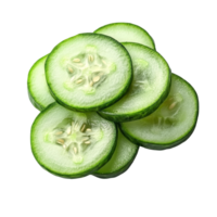 Fresh cucumber slices arranged on a clean transparent background, showcasing their vibrant color and texture, Fresh cucumber slices isolated on transparent background png